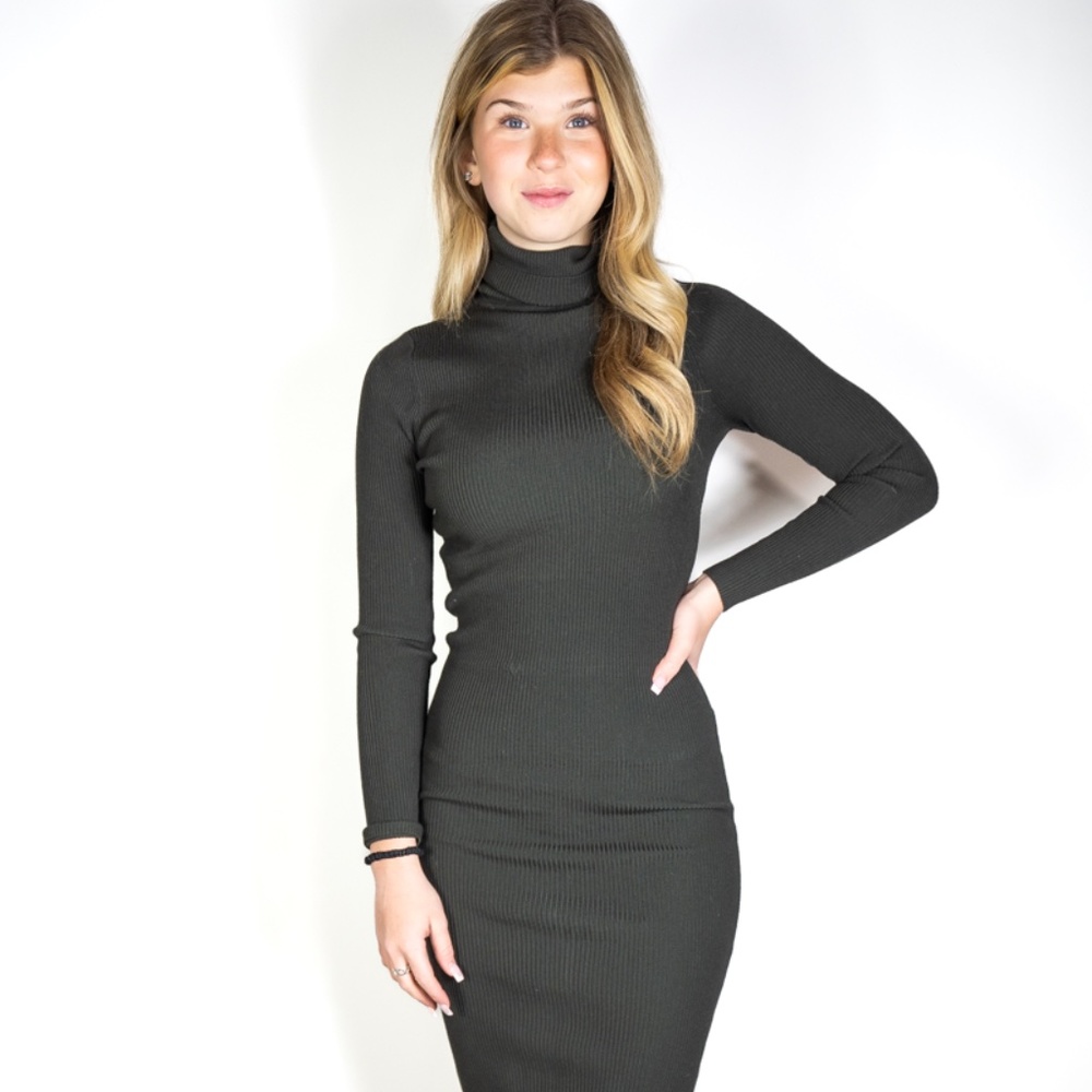 Rocorose Turtleneck Ribbed Long Sleeve Knit Sweater Dress